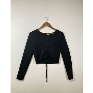 H&M Divided Black Long Sleeve Ruched Drawstring Crop Top Shirt Womens M